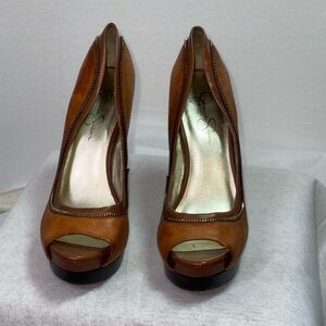 Jessica Simpson platform stiletto high heel zipper accent brown leather SZ 10